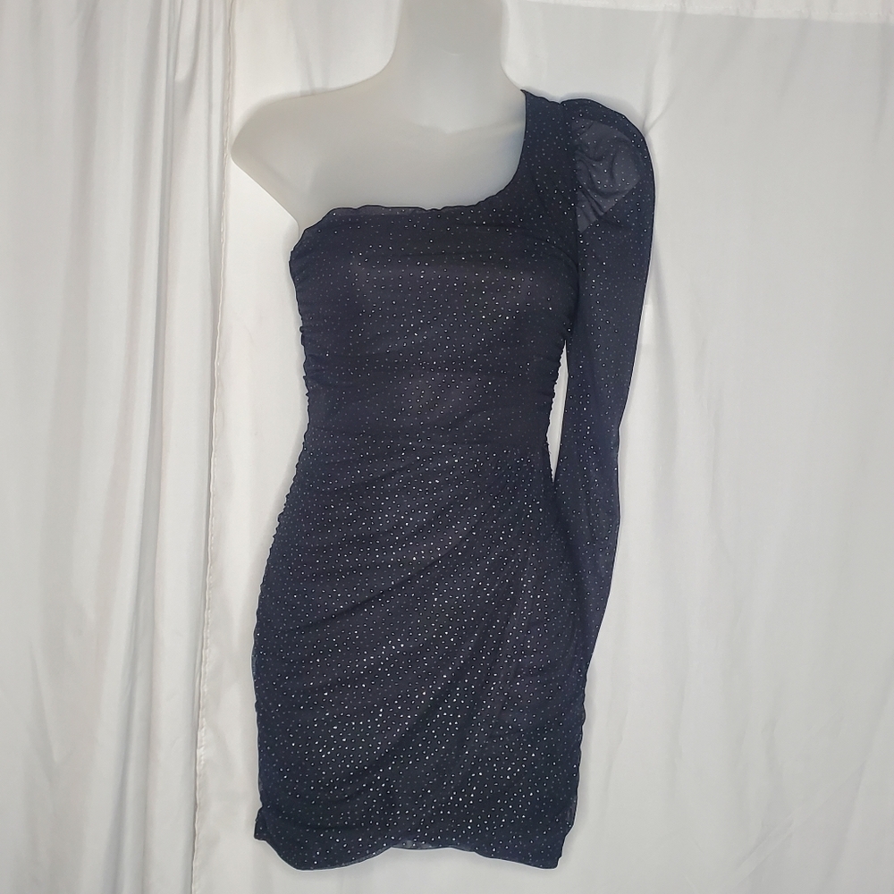 ♤ Lucy in the Sky One Shoulder Ruched Sparkly Mini Dress Black Size XS